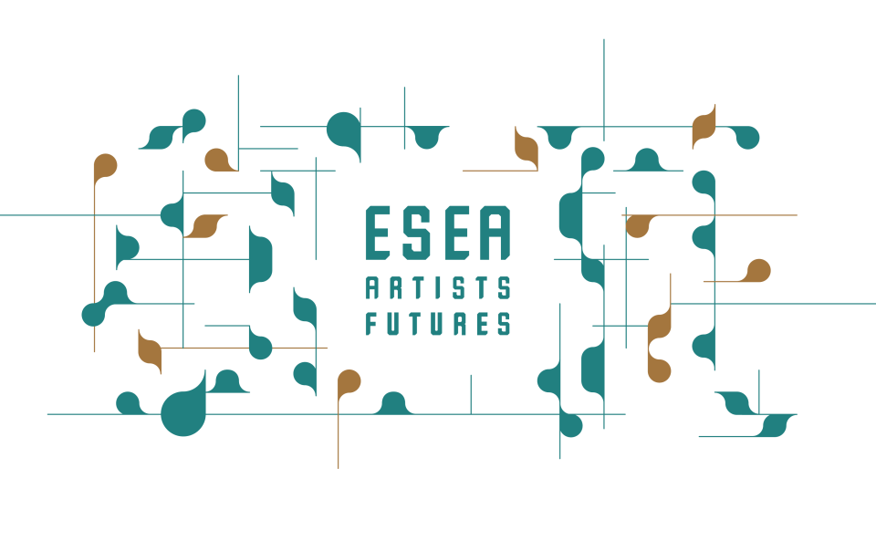 ESEA ARTISTS FUTURES in capitalised teal-coloured font is positioned in the centre. straight lines hint at a grid that frames the title, and gentle blobs of teal and copper brown float across the line frame.
